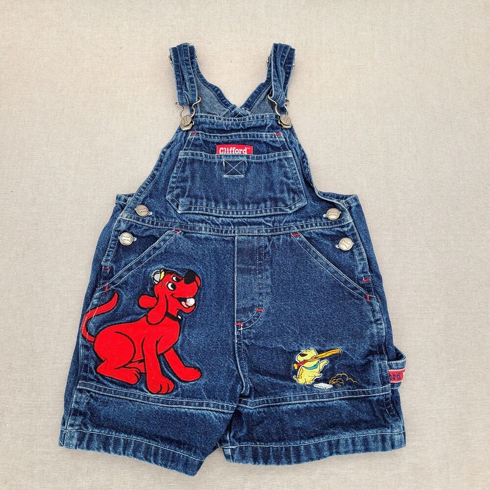 Rare VTG Clifford The Big Red Dog Overalls Size 2T Baseball Shorts Bibs Denim !
